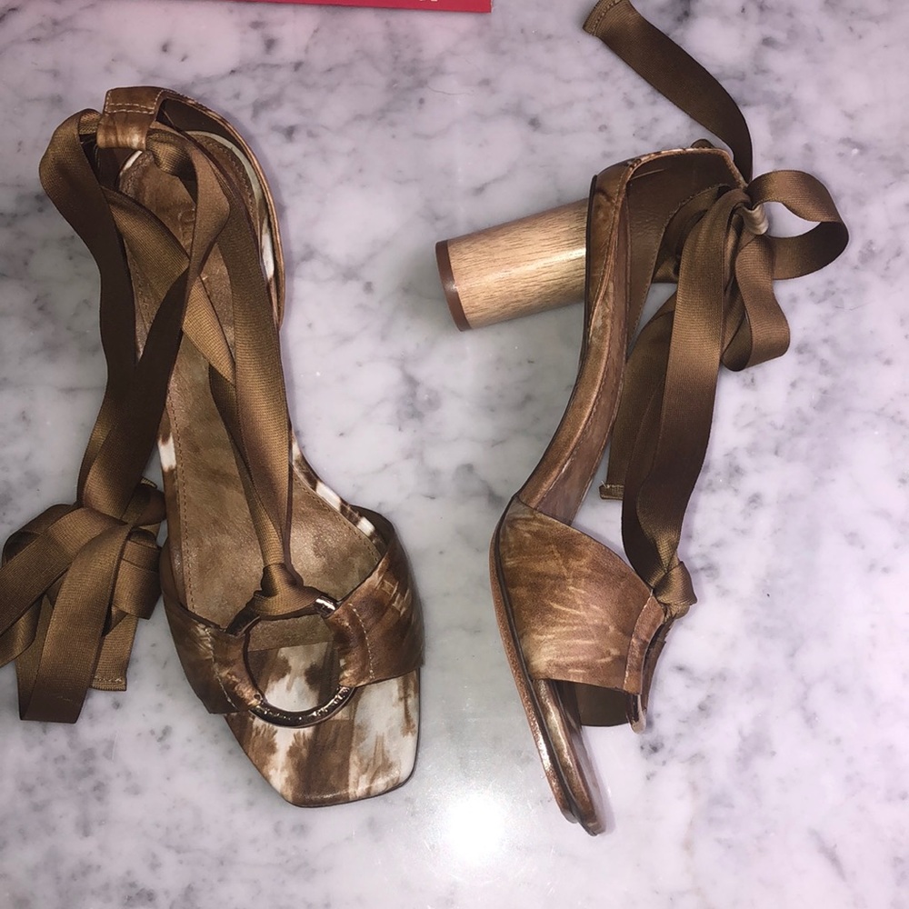 Ulla Johnson Bronze Satin Tie-Strap Block Heel Sandals